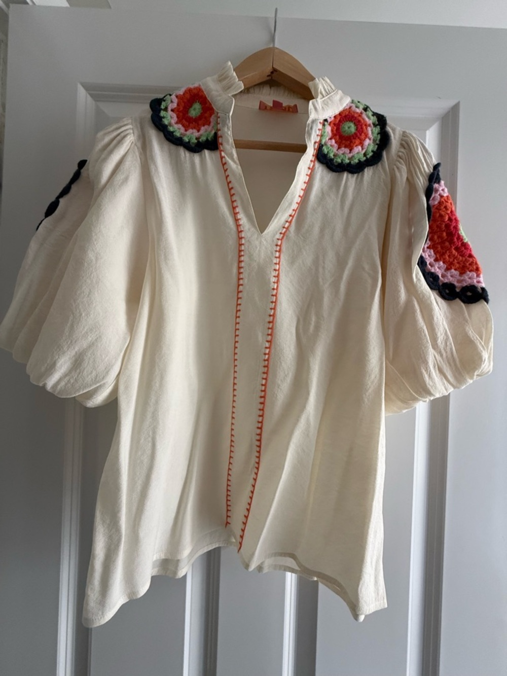 THML Cream Puff Sleeve Blouse with Multicolor Crochet Accents